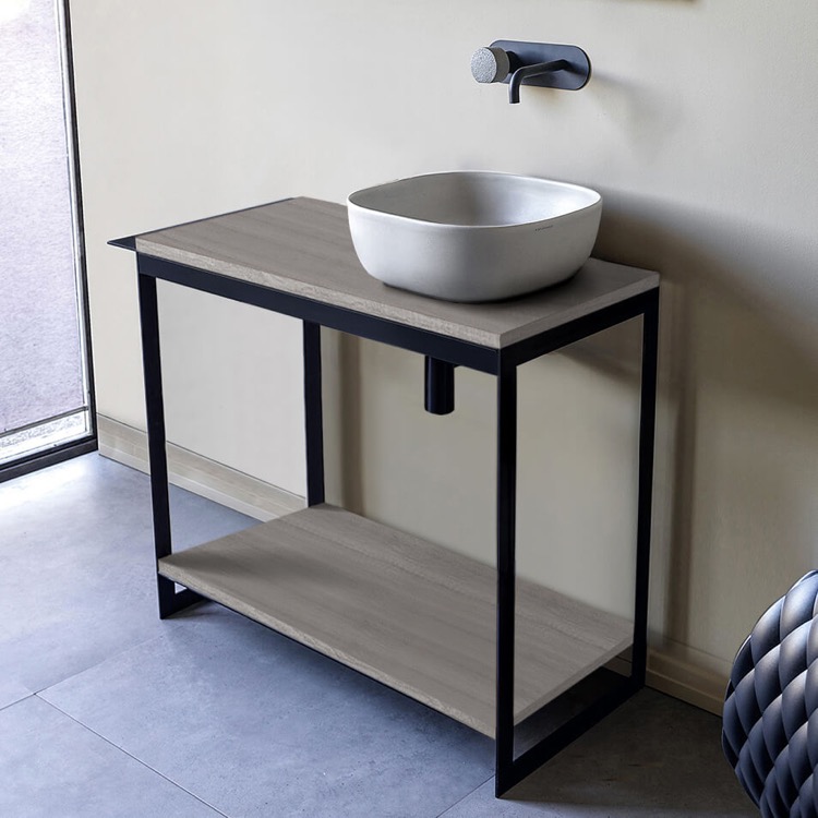 Scarabeo 1806-SOL4-88-No Hole Console Sink Vanity With Ceramic Vessel Sink and Grey Oak Shelf, 35 Inch